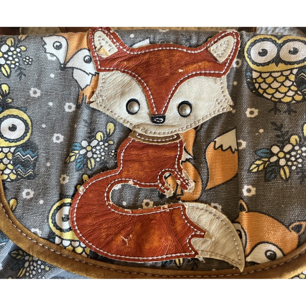 Canvas Whimsy Gray Fox Owl Print‎ Mini Drawstring Backpack Snap Pockets